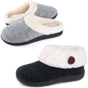 Wishcotton Women’s Set of 2 Pairs -Sherpa Fleece House Slipper with Memory Foam(Grey, US 8-9) and Fuzzy Felt Cozy Closed Back Slippers(Black, US 9)