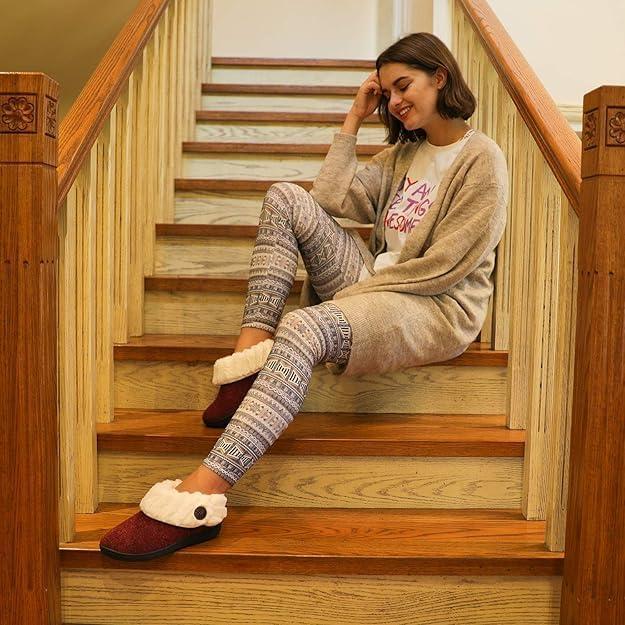 imageWishcotton Womens Wool Cozy Memory Foam Winter Slippers Indoor Outdoor with Fuzzy Faux Fur CollarWine