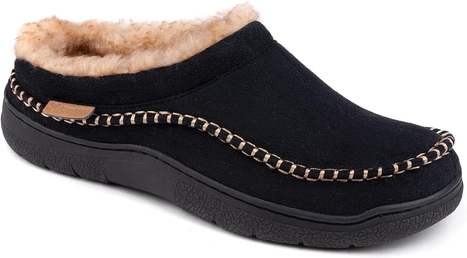 imageZigzagger Mens Slip On Moccasin Slippers IndoorOutdoor Warm Fuzzy Comfy House Shoes Fluffy Wide Loafer SlippersBlack