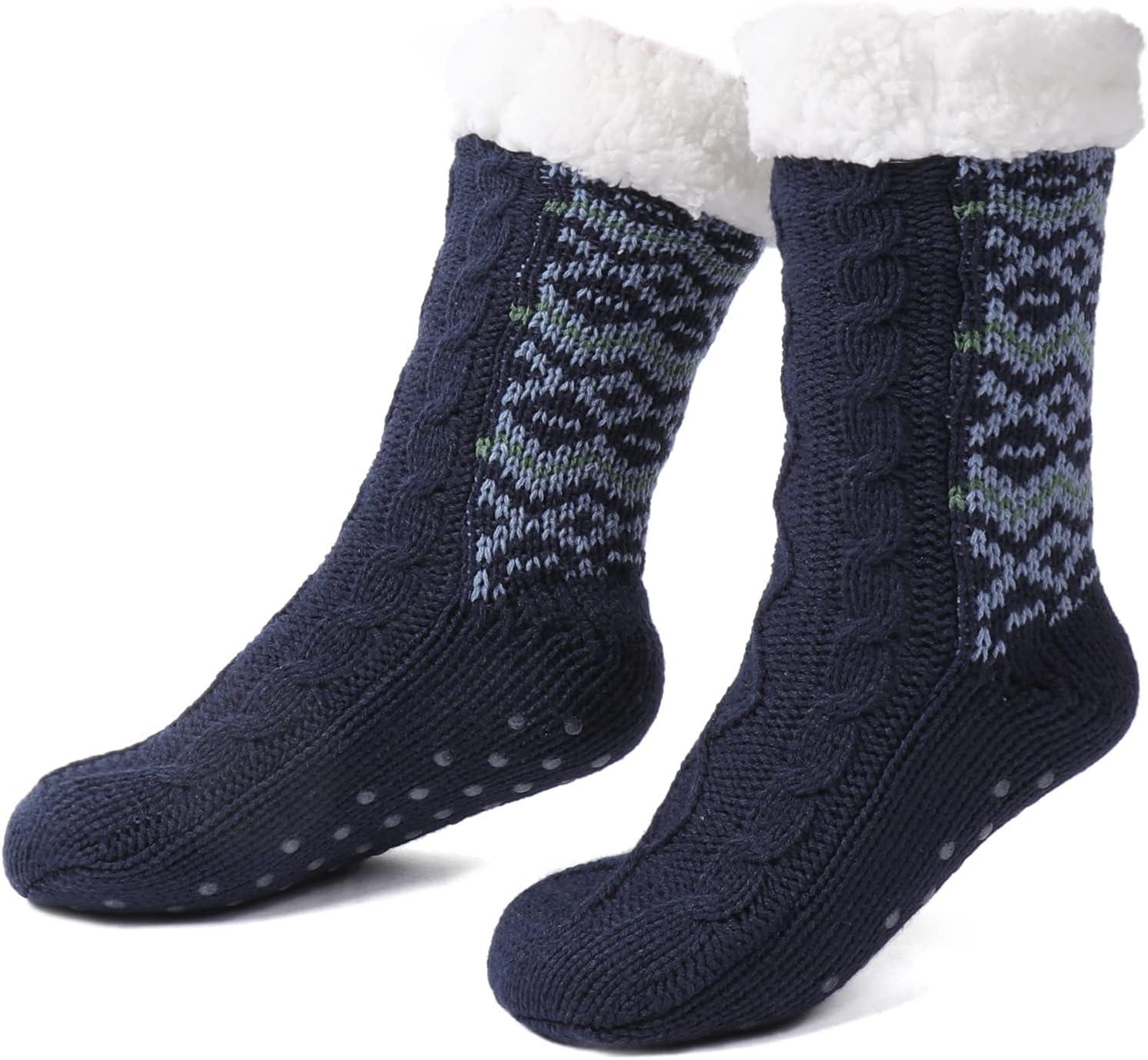 imageZizor Womens Cozy Knitted Slipper Socks with Warm Fuzzy Fleecelined and Grippers Navy Blue Size 8511