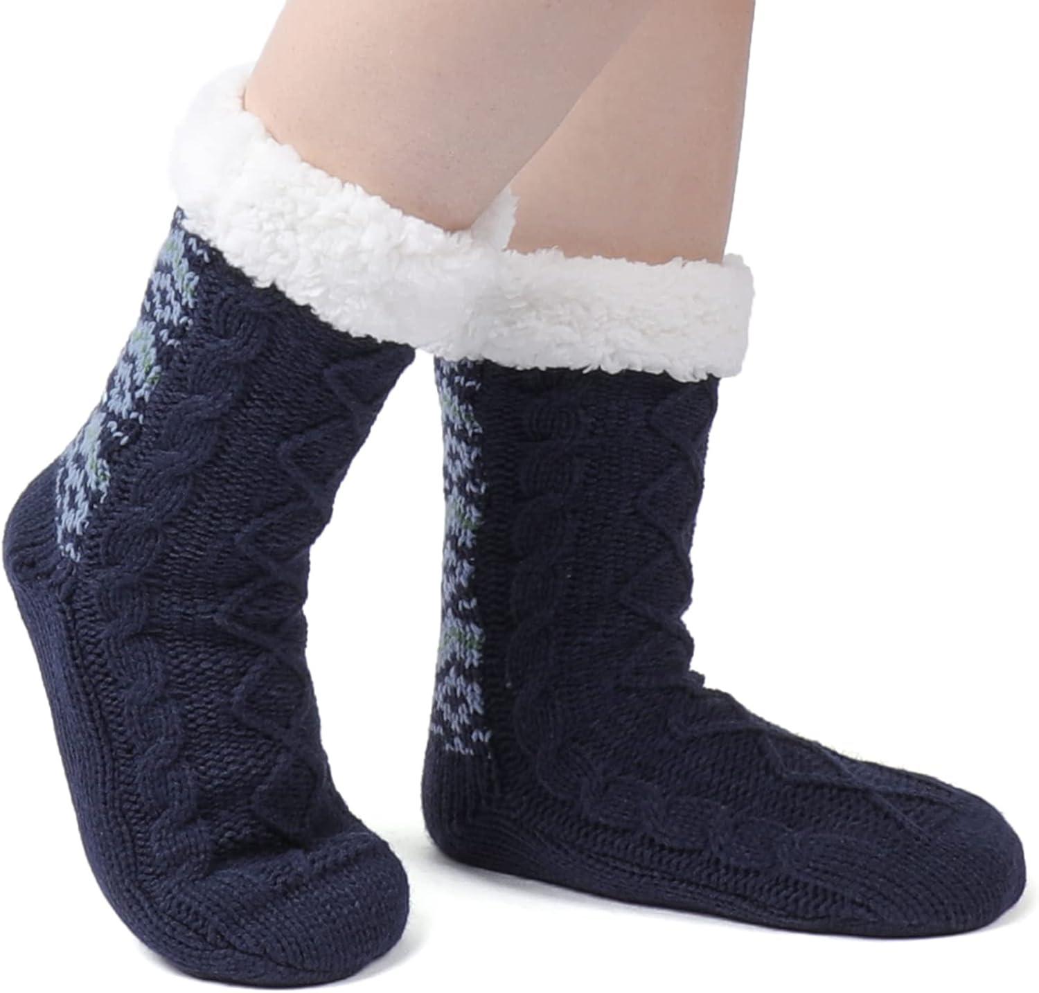 imageZizor Womens Cozy Knitted Slipper Socks with Warm Fuzzy Fleecelined and Grippers Navy Blue Size 8511