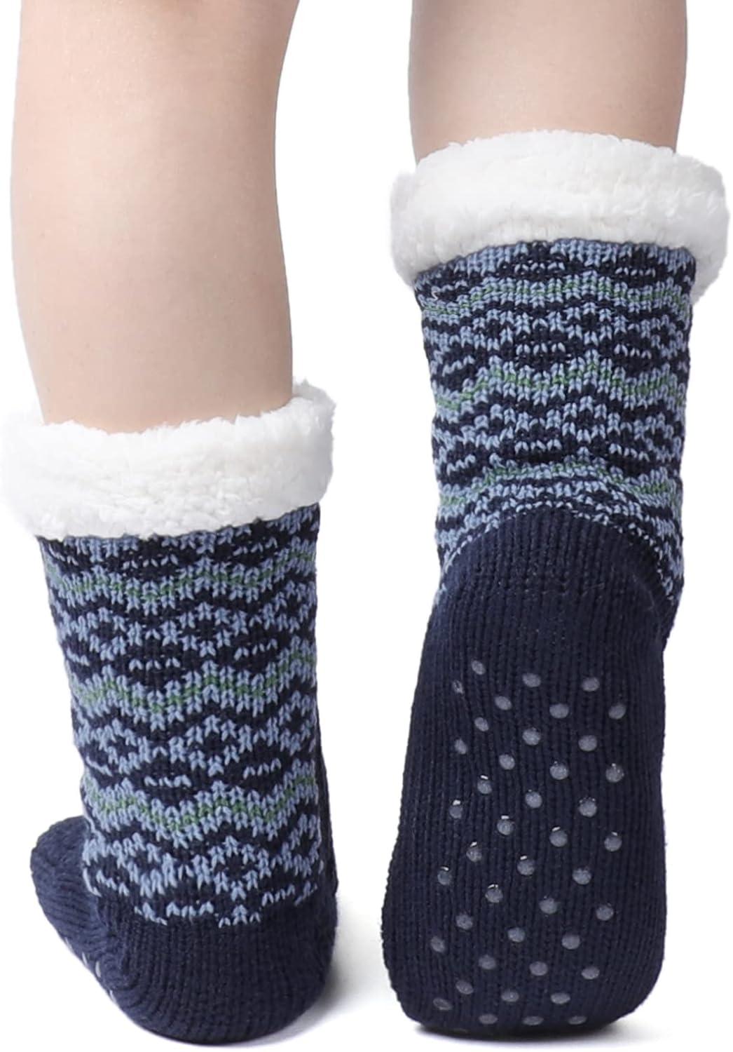 imageZizor Womens Cozy Knitted Slipper Socks with Warm Fuzzy Fleecelined and Grippers Navy Blue Size 8511