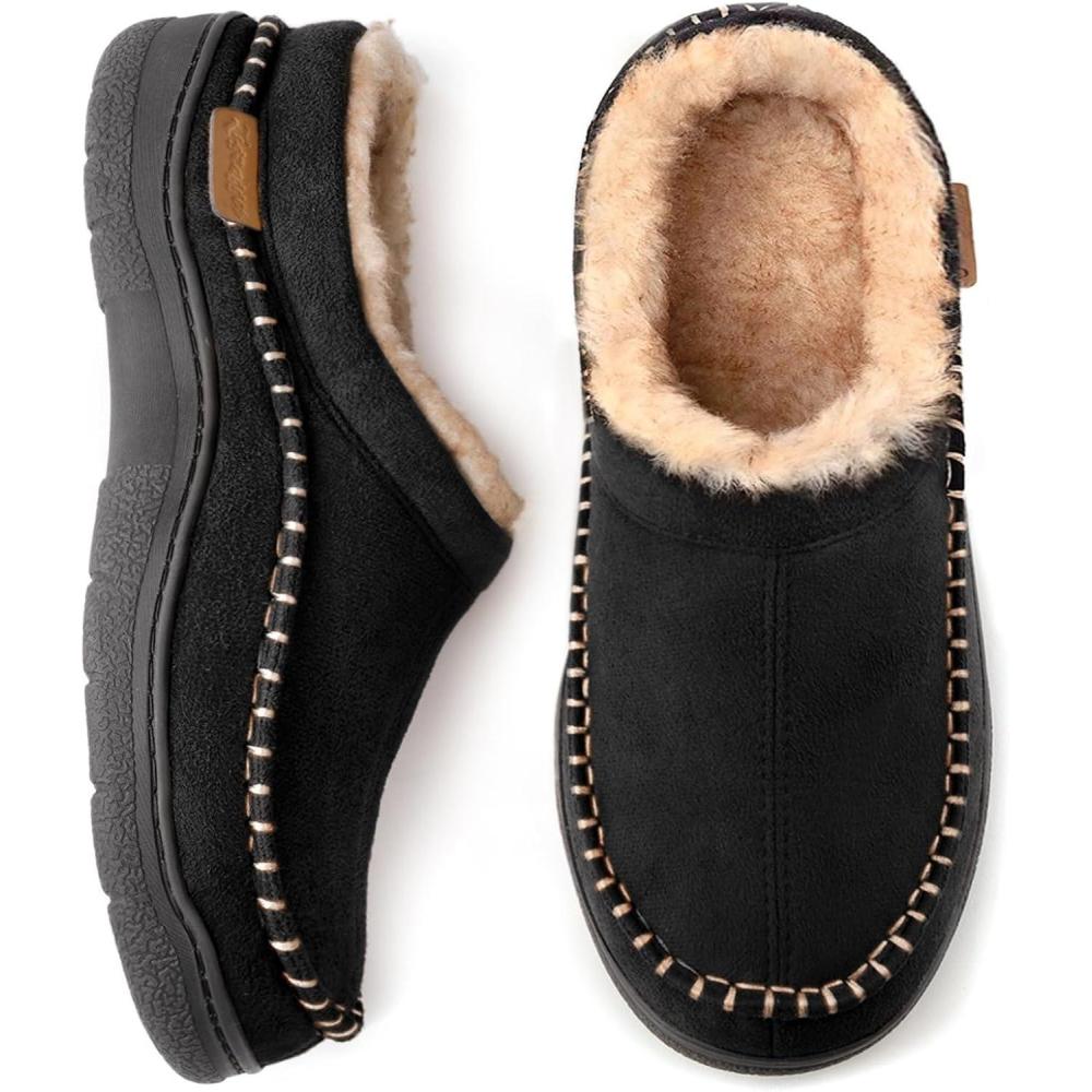 imageZigzagger Mens Slip On Moccasin Slippers IndoorOutdoor Warm Fuzzy Comfy House Shoes Fluffy Wide Loafer SlippersBlack