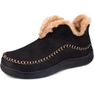 Wishcotton Men’s Moccasin Bootie Slippers With Cozy Memory Foam, Winter Warm Fuzzy Indoor Outdoor House Shoes(Black)