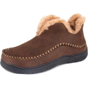 Wishcotton Men’s Moccasin Bootie Slippers With Cozy Memory Foam, Winter Warm Fuzzy Indoor Outdoor House Shoes(Coffee)