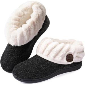 Wishcotton Women’s Wool Cozy Memory Foam Winter Slippers Indoor Outdoor with Fuzzy Faux Fur Collar(Black)