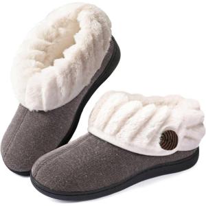 Wishcotton Women’s Wool Cozy Memory Foam Winter Slippers Indoor Outdoor with Fuzzy Faux Fur Collar(Grey)