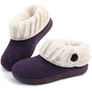 Wishcotton Women’s Wool Cozy Memory Foam Winter Slippers Indoor Outdoor with Fuzzy Faux Fur Collar(Purple)