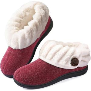 Wishcotton Women’s Wool Cozy Memory Foam Winter Slippers Indoor Outdoor with Fuzzy Faux Fur Collar(Wine)