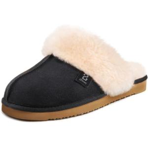 Wishcotton Women’s Faux Fur Scuff Slippers with Memory Foam, Ladies Slip on House Shoes, Winter Warm Fluffy Fleece Indoor Outdoor Anti-Skid Sole (Black, Size 9-10)